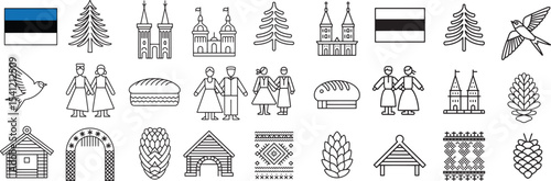 Authentic Estonian Culture and Traditional Symbols Outline Line Icons Set