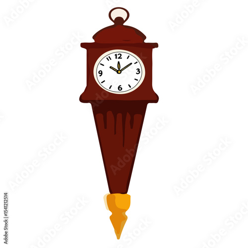 A vintage, wooden, brown clock with a white face and golden accents, hanging vertically.