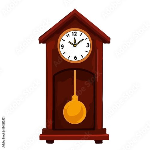 A stylized illustration of a wooden grandfather clock, showcasing its intricate design and pendulum.