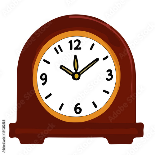 A dark-brown vintage-style clock displays the time.