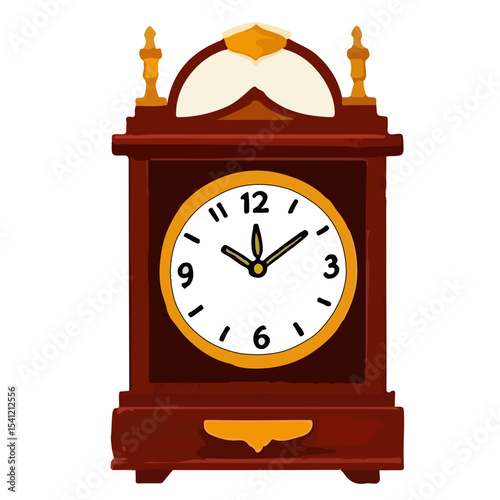 Ornate wooden antique style clock, showing the time, with decorative details.