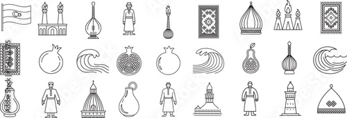 Distinct Azerbaijani Culture and Traditional Symbols Outline Line Icons Set
