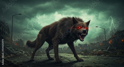 Angry Wolf in Destroyed City with Stormy Weather