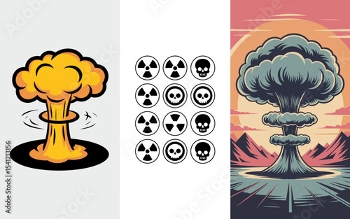 Nuclear bomb explosion mushroom cloud radiation atomic energy war danger apocalypse destruction vector art 100 editable stock vector illustration