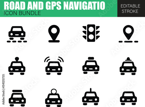 Navigation and Road Icon Collection – Flat Vector Icons for GPS Apps, Street Maps, Travel Routes, and Transportation Systems