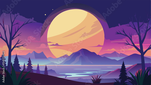 Super moon night landscape with full moon and trees illustration.