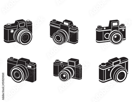 set of digital camera with interchangeable lenses icon vector silhouette illustration