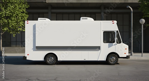 Wallpaper Mural Blank White Food Truck Mockup Side View on City Street Torontodigital.ca