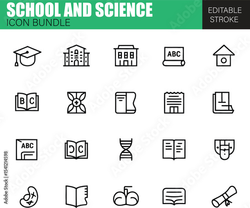 School and Science Icon Bundle – Flat Vector Icons for Education, Scientific Tools, Chemistry, Physics, and Classroom Learning