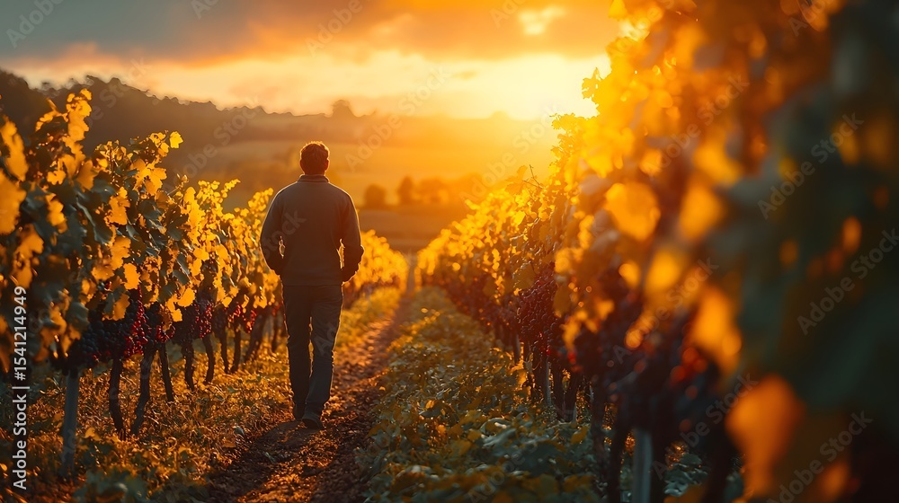 Fototapeta premium Winemaker walking through misty vineyard at sunrise