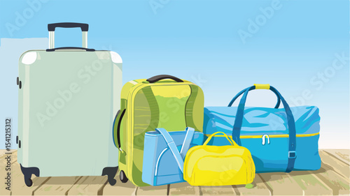 Illustration of a collection of luggage including a suitcase and duffel bags ready for travel