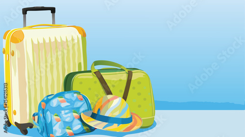Illustration of a yellow suitcase, a green duffel bag, a blue backpack, and a sun hat ready for travel