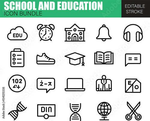 Modern Education and School Icon Set – Flat Vector Symbols for Classrooms, Student Life, Online Courses, and Study Tools

