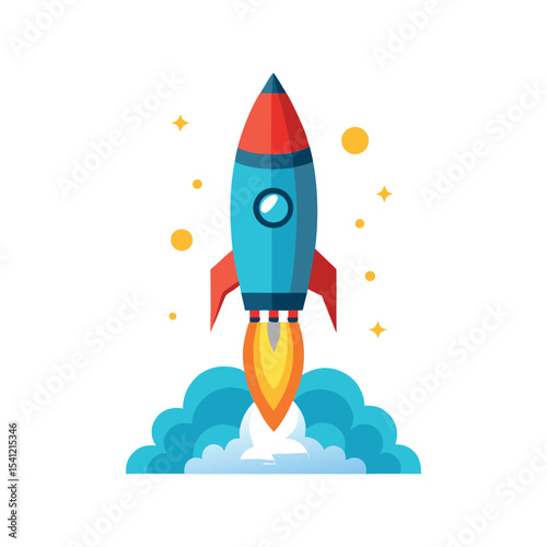 Rocket launch vector illustration, colorful space shuttle icon, spacecraft takeoff, science technology design

