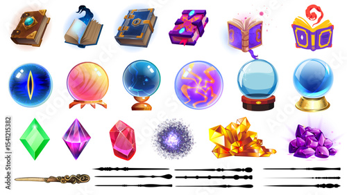 Illustration of magical items including books orbs crystals and wands in a cartoon style art work