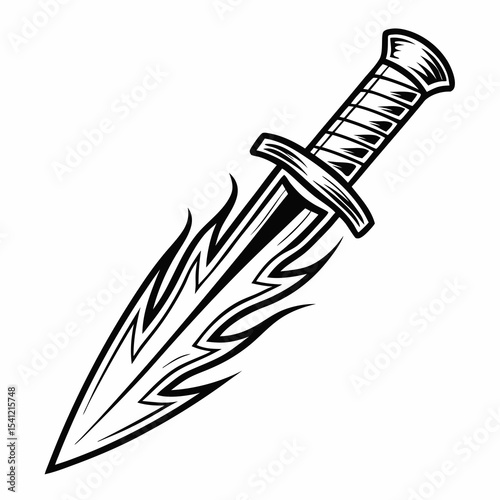 Fiery dagger tattoo design black and white