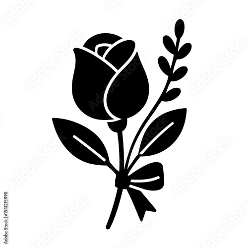 Single rose with leaves and bow in solid style – symbol of romantic gesture and love