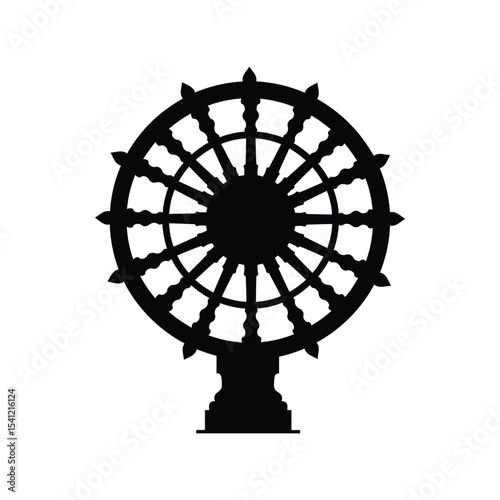 Dharma wheel silhouette vector illustration, Buddhist symbol, spiritual icon, black religious design element