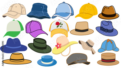 Collection of various colorful hats including baseball caps and sun hats with different styles