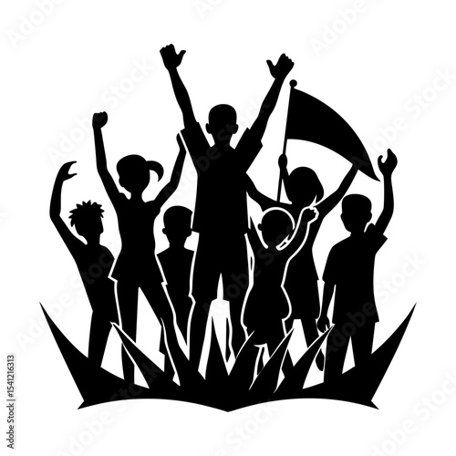 Silhouette of people cheering with a flag and raised arms in grass art