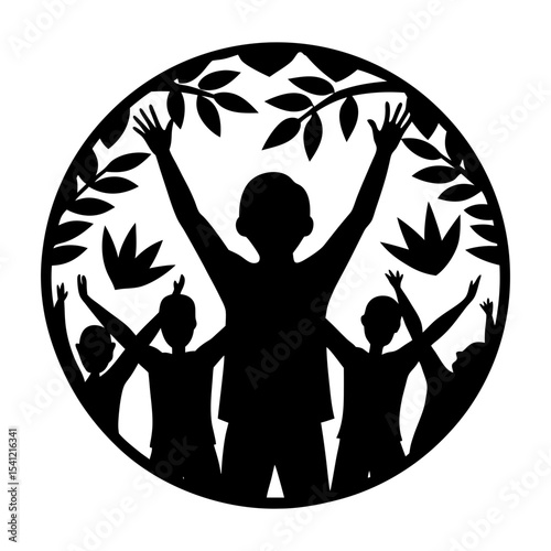 Silhouette of children with raised arms under tree canopy in a circle