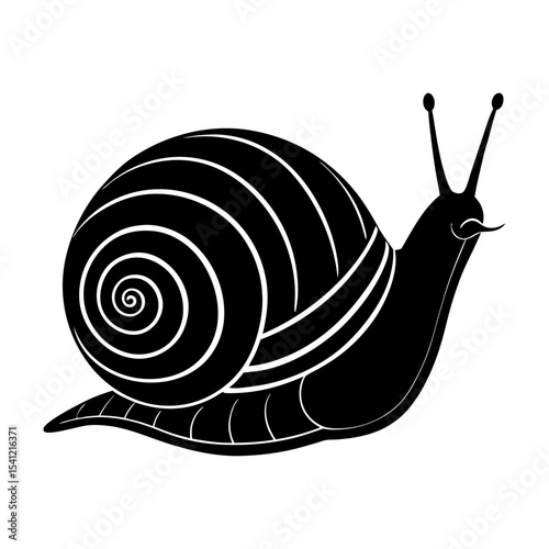 Illustration of a black snail with a striped shell and long antennae