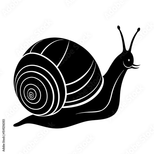 Stylized black and white drawing of a snail with a patterned shell