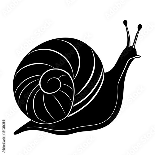 Illustration of a black snail with a swirly shell on a white background