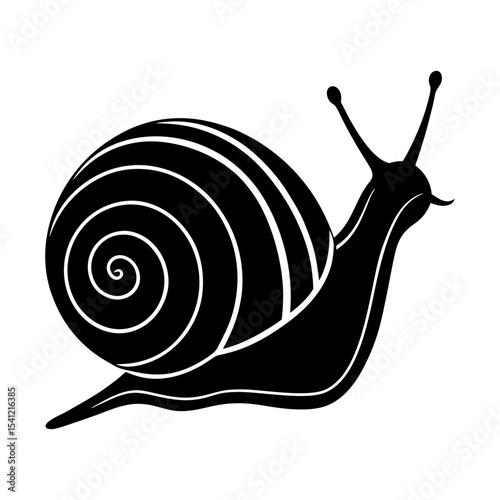Illustration of a black snail with a striped shell on a white background