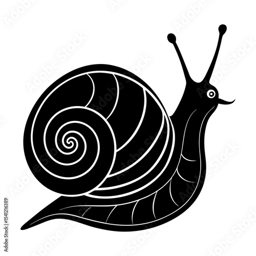 Illustration of a black snail with a spiral shell and antennae design