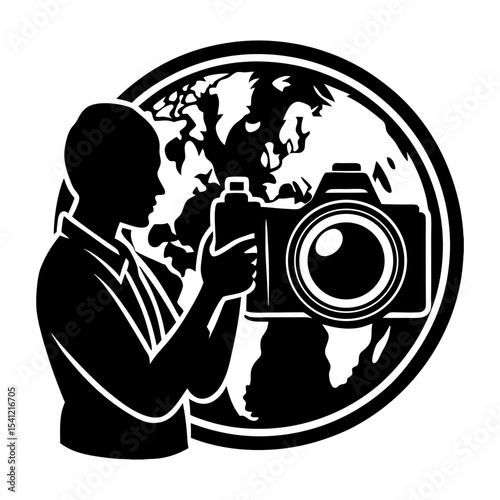 Silhouette of photographer with camera against a world map backdrop