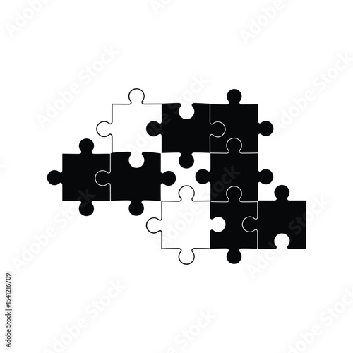 Puzzle pieces silhouette vector illustration, jigsaw game icon, teamwork solution, connection, black design


