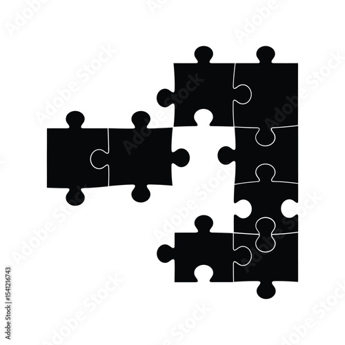 Puzzle pieces silhouette vector illustration, jigsaw game icon, teamwork solution, connection, black design


