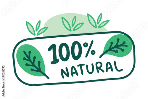 100% Natural Green Label with Fresh Leaves and Clean Design Element