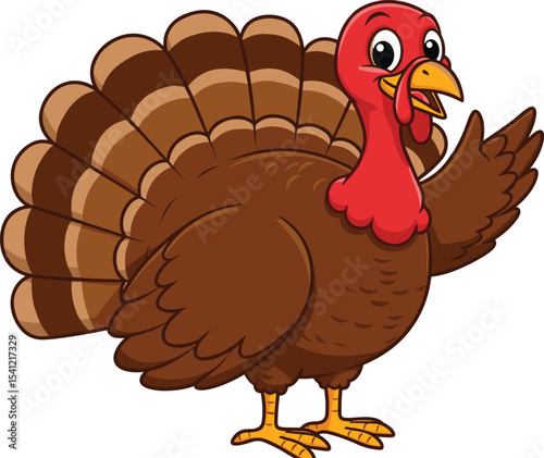 Cartoon turkey bird illustration, happy thanksgiving character, funny farm animal drawing, cute wild turkey mascot, festive holiday poultry design, colorful vector image, thanksgiving symbol clipart