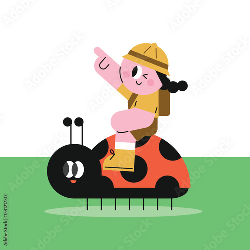 Child explorer riding a ladybug. Forest Experience Children's Education