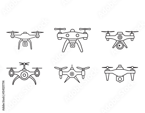 Drone silhouette vector icon, Aerial drone camera graphic, Quadcopter flat design illustration, Flying drone outline symbol, Remote control drone