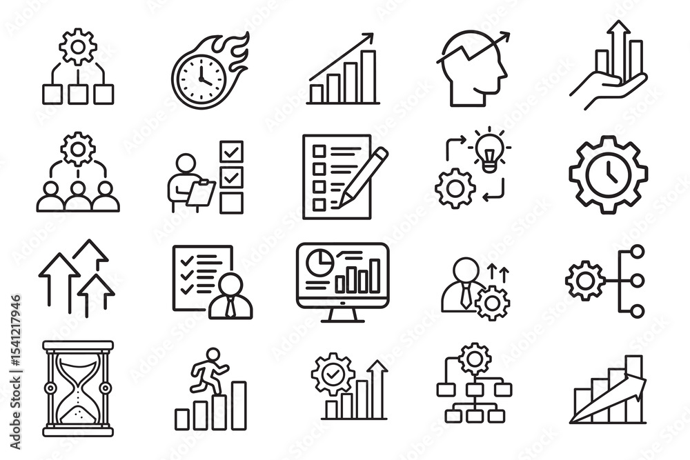 Naklejka premium Business Productivity and Performance Icons Set - Strategy, Growth, and Management Concepts
