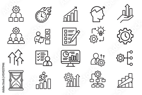 Business Productivity and Performance Icons Set - Strategy, Growth, and Management Concepts