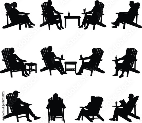 Silhouettes of people relaxing in Adirondack chairs, outdoor leisure seating with drinks, peaceful summer moments, backyard or beach patio lifestyle, vector illustration in black clipart style