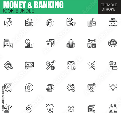 Complete Money and Banking Icon Set – Flat Vector Icons for Economy, Currency Transactions, Savings, and Online Finance