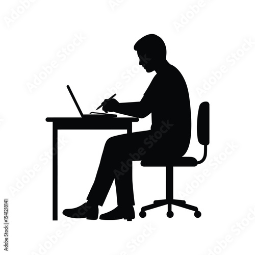 Student at desk silhouette vector illustration, studying person icon, education, school, learning design

