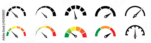 Risk meter icon set. Risk concept on speedometer. Set of gauges from low to high.  Vector illustration.