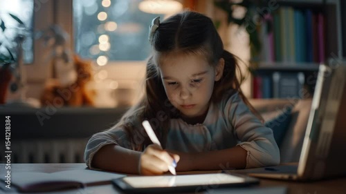 Girl Child Studying Tablet Homework Night.