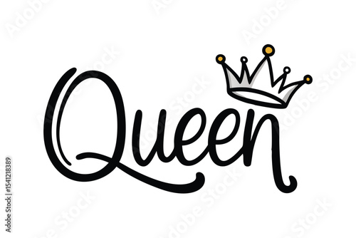 Black Script Queen with Crown Featuring Gold Details on a White Background