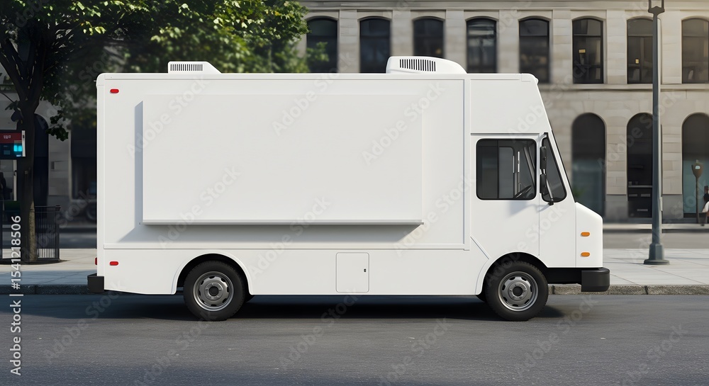 Naklejka premium Blank White Food Truck Mockup on City Street for Advertising