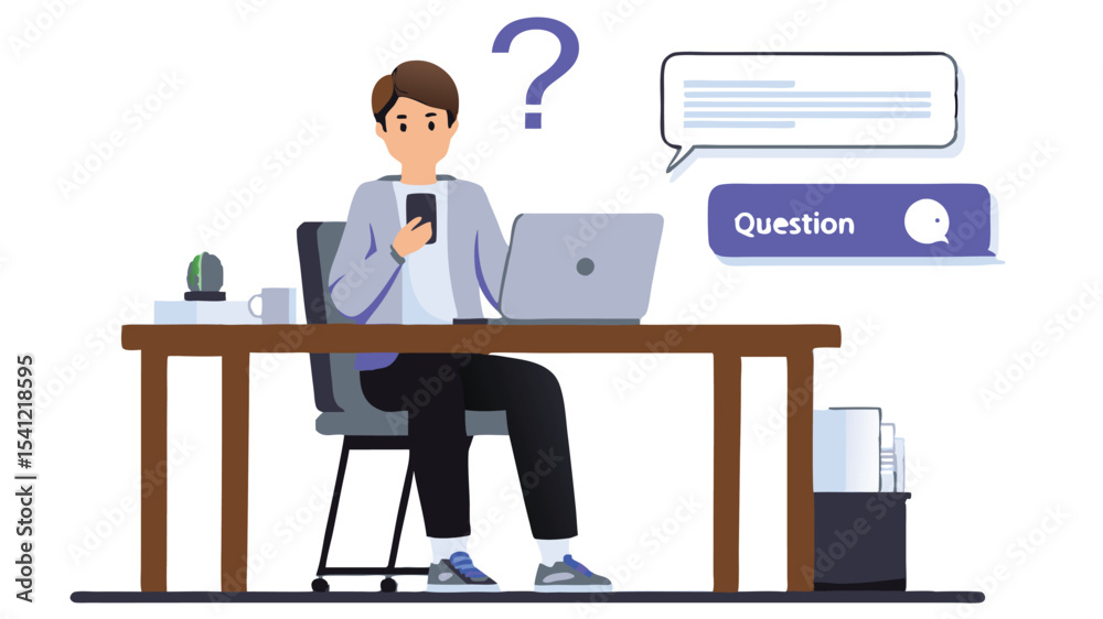 Man sitting at desk with laptop and phone with a question mark and speech bubbles around him Man sitting at desk with laptop and phone with a question mark and speech bubbles around him
