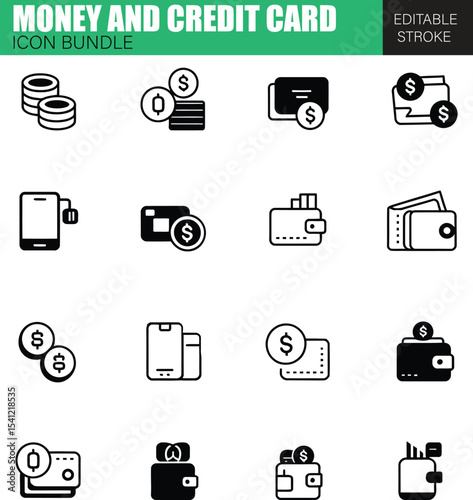 Comprehensive Money and Credit Card Icon Set – Vector Icons for Banking, Digital Finance, Payment Systems, and Financial Planning