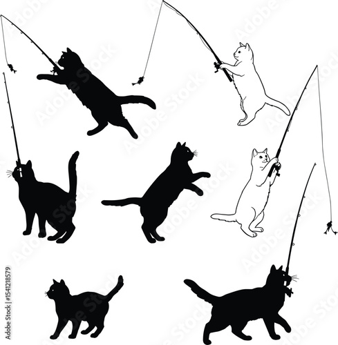 Silhouette and outline cats playing with toy fishing rod, fun cartoon vector illustration, feline pets in motion, perfect for animal lovers, designs, humor, and decoration projects