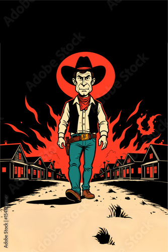 Cowboy walking confidently down desert road in a fiery landscape  